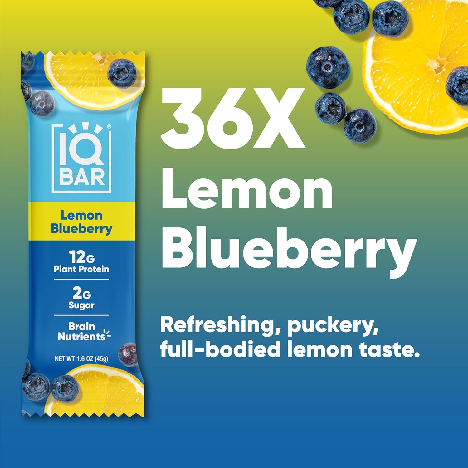IQBAR Brain and Body Plant Protein Bars - Lemon Blueberry - 36-Count - Keto, Vegan, Low Carb, High Fiber, Gluten Free, Dairy Free, Low Sugar Snack with Nutrients for Focus, Energy, Meal Replacement