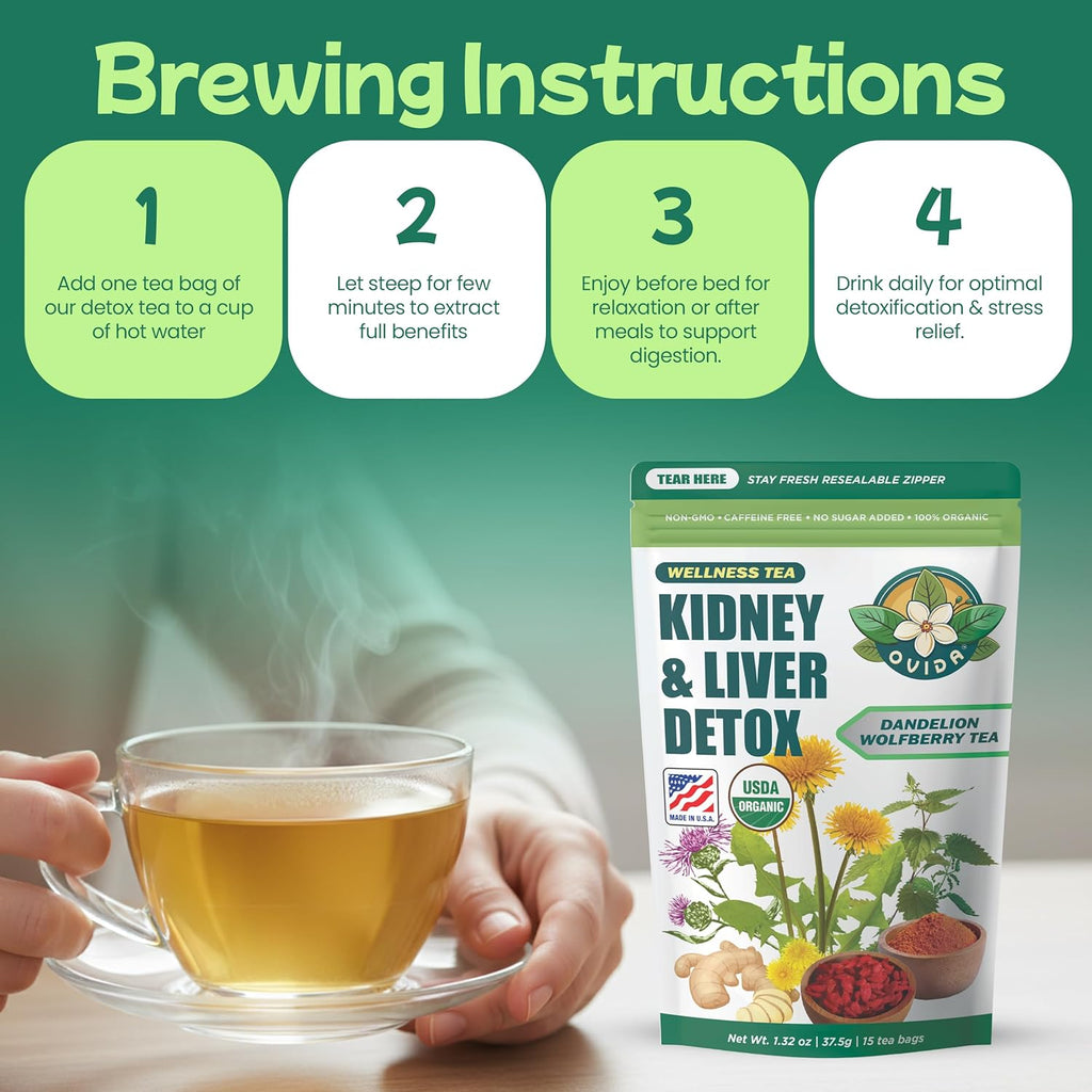 Ovida Dandelion Wolfberry Tea – Natural Kidneys & Liver Health Tea, Organic Herbal Tea with Milk Thistle, Turmeric & Goji Berry, Seven Herbal Ingredients Natural Blend for Daily Wellness, 15 Tea Bags
