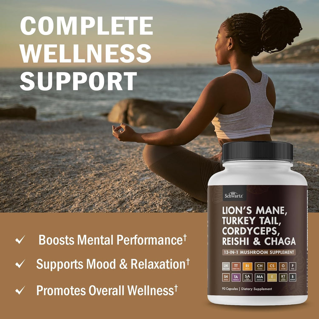 BioSchwartz 13-in-1 Mushroom Complex Capsules - Organic Mushroom Supplement with Lions Mane, Chaga, Reishi, Cordyceps - Supports Focus, Energy, Immune System - with BioPerine for Absorption, 90 Count