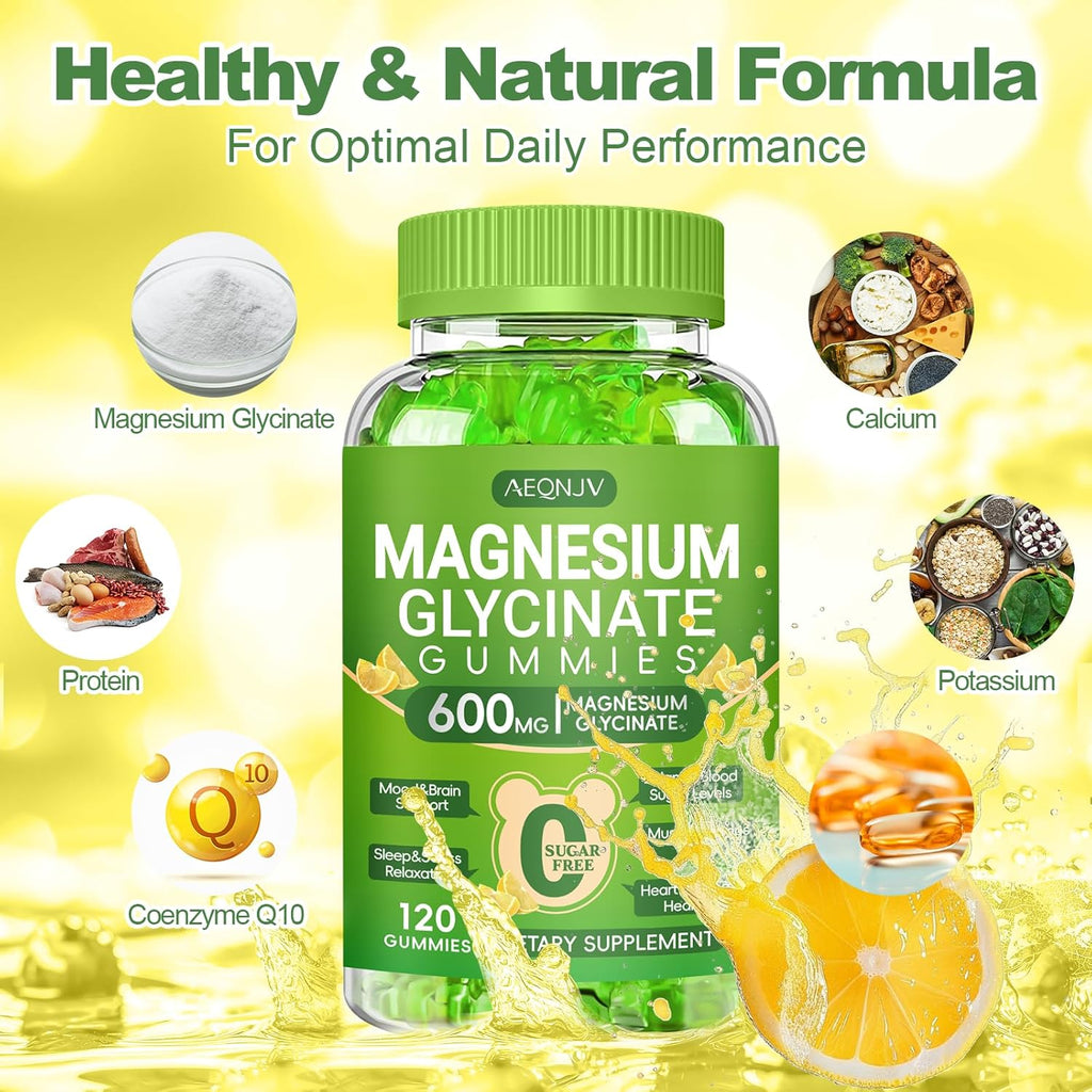 Magnesium Glycinate Gummies 600mg, Chewable Magnesium Supplements for Adults, Men and Women, Vitamin D, B6 and CoQ10, Potassium Magnesium Gummy for Sleep, Relaxation, Brain & Muscle, 120 Gummies