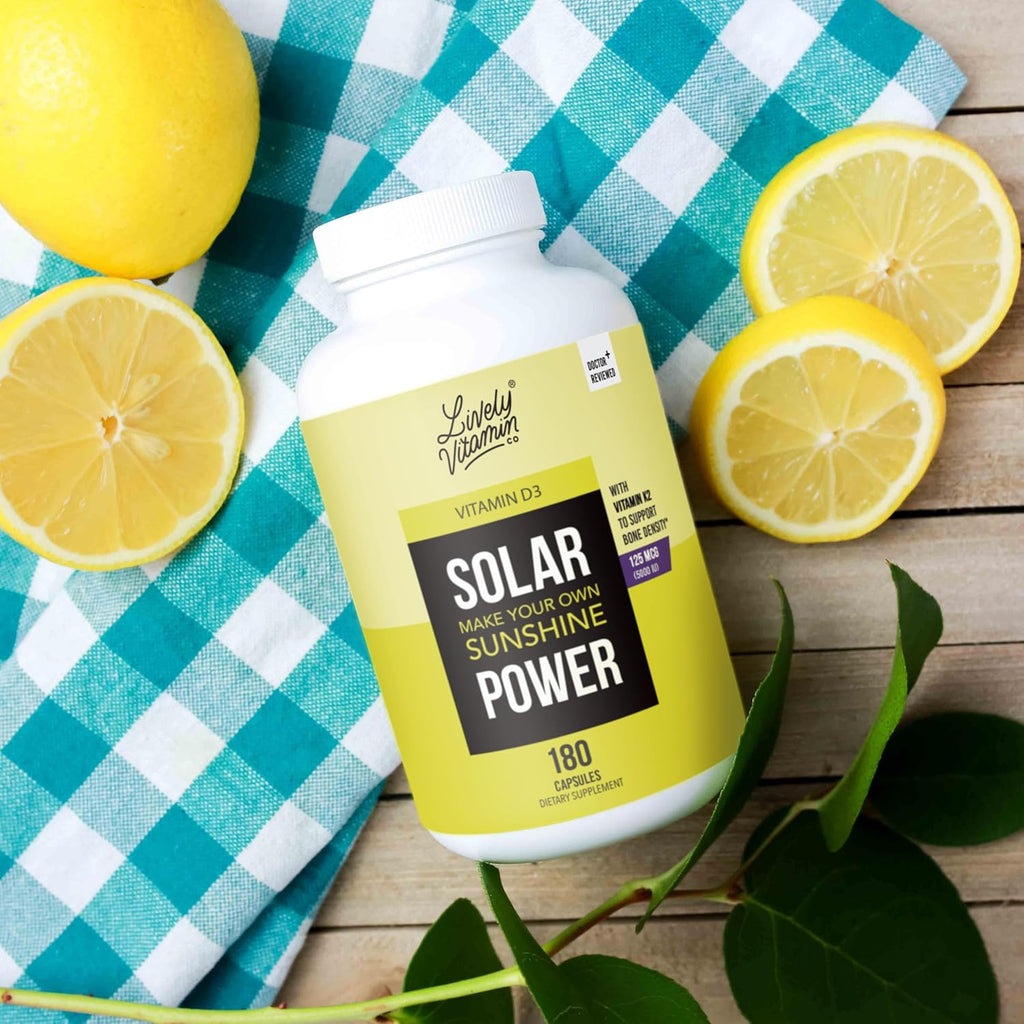 LIVELY VITAMIN CO. Solar Power Vitamin D3 5000 iu - Patented Vitamin K - MK7 - Immune Balance - Brain Function - Mood - Heart - Stress - 180 Count