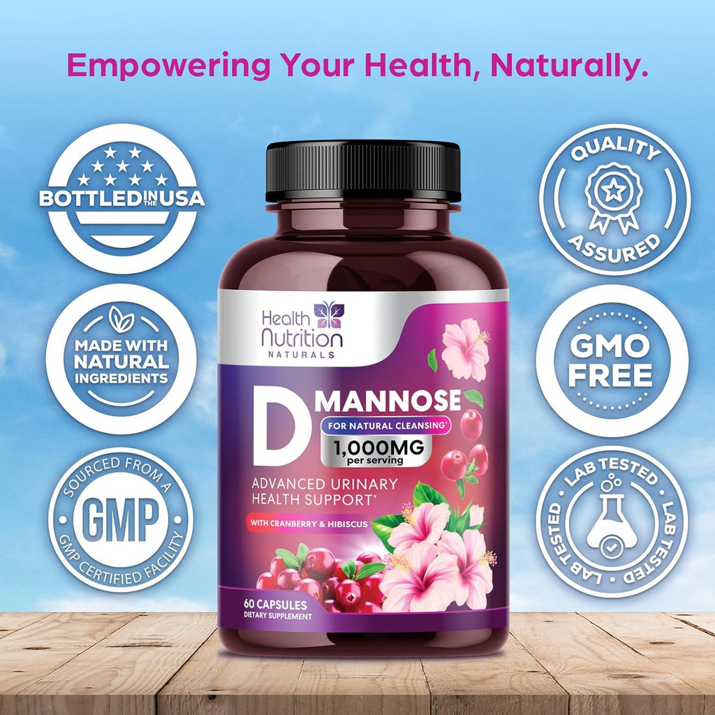 D-Mannose Supplement 1,350mg - with Cranberry, Hibiscus & Dandelion - Fast-Acting, Natural Urinary Tract & Bladder Support for Women & Men – Flush & Cleanse Impurities – Non-GMO, Vegan – 60 Capsules