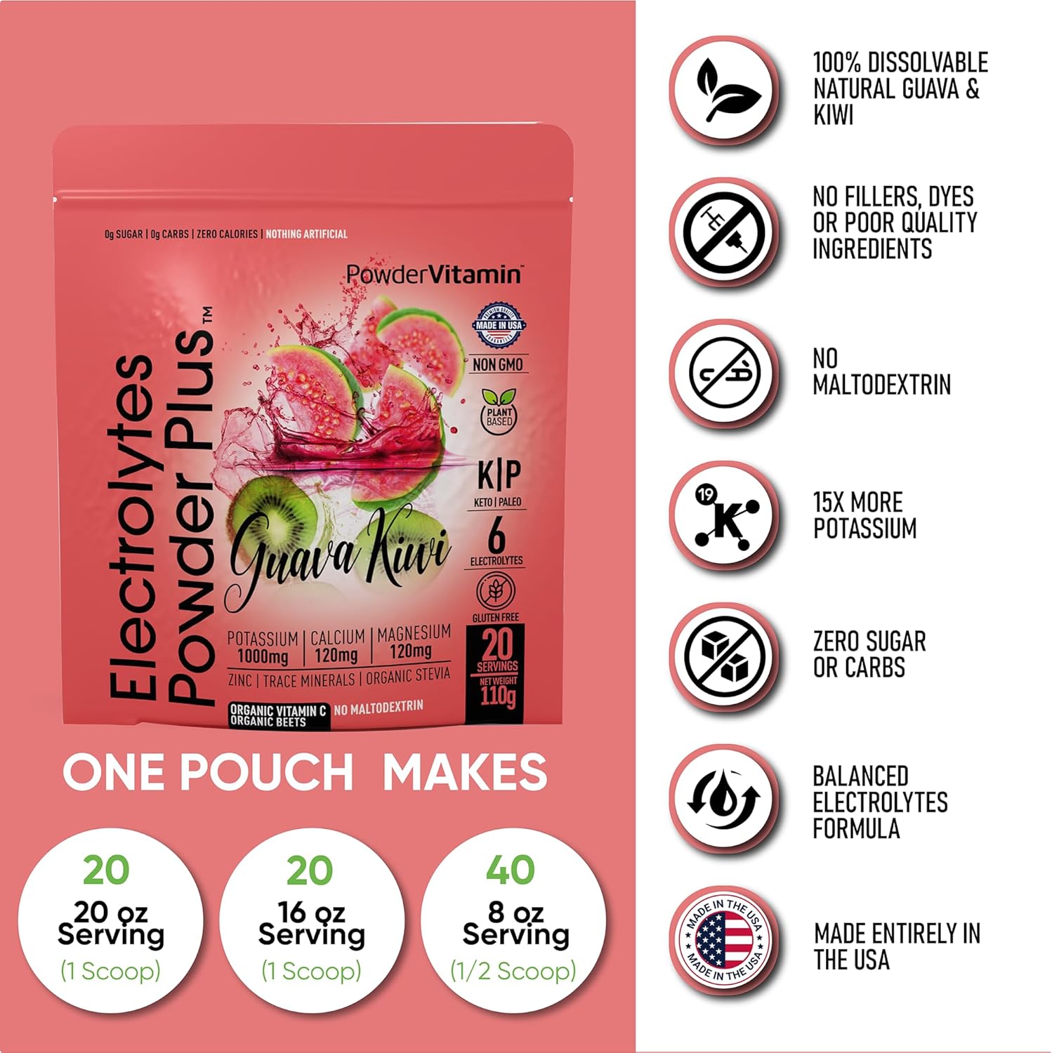 PowderVitamin Electrolytes Powder Plus (20 Servings) Guava Kiwi Electrolyte Powder Zero Calorie Keto,0 Sugar, No Maltodextrin,1000mg Potassium,120mg Calcium,120mg Magnesium, Pink Himalayan Salt