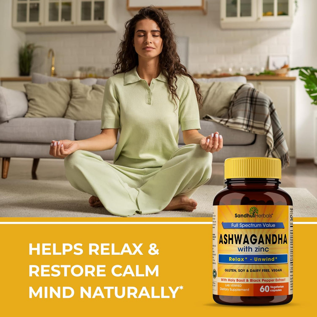 Sandhu Herbals Ashwagandha Supplement | 60 Organic 4 in 1 Capsules, 1 Month Supply | with Zinc, Black Pepper and Holy Basil Extract | Supports Immune Health | Non-GMO