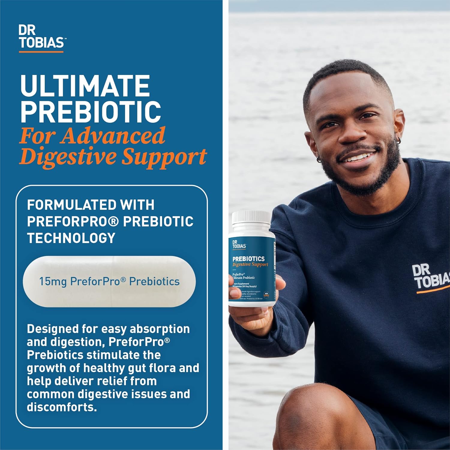 Dr. Tobias Prebiotics Digestive Support, Advanced Prebiotic Supplement for Gut Health, Immune Function & Boost for Probiotics for Women & Men, Vegan, Non-GMO, 90 Capsules, 90 Servings