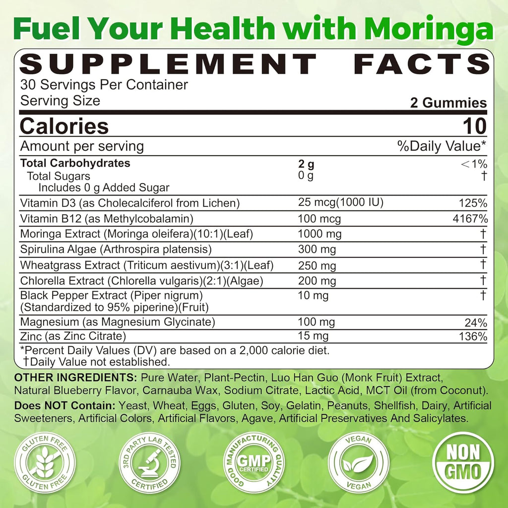 Moringa Spirulina Gummies Organic, Rich in Antioxidants, Essential Vitamins & Amino Acids, Pure Moringa Oleifera Leaves with Wheatgrass & Chlorella for Energy & Immunity, Green Superfood, 120 Cts