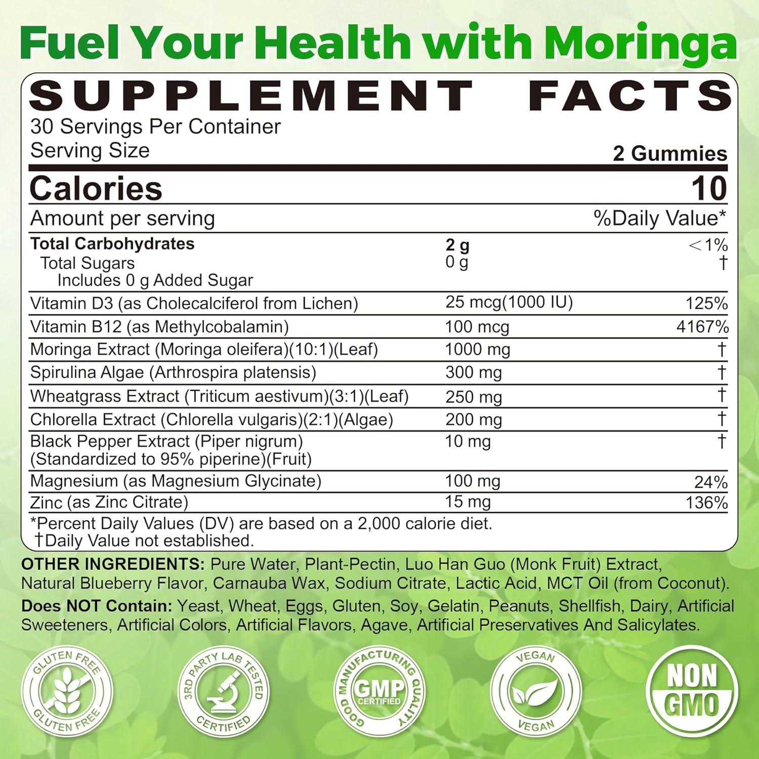 Moringa Spirulina Gummies Organic, Rich in Antioxidants, Essential Vitamins & Amino Acids, Pure Moringa Oleifera Leaves with Wheatgrass & Chlorella for Energy & Immunity, Green Superfood, 120 Cts