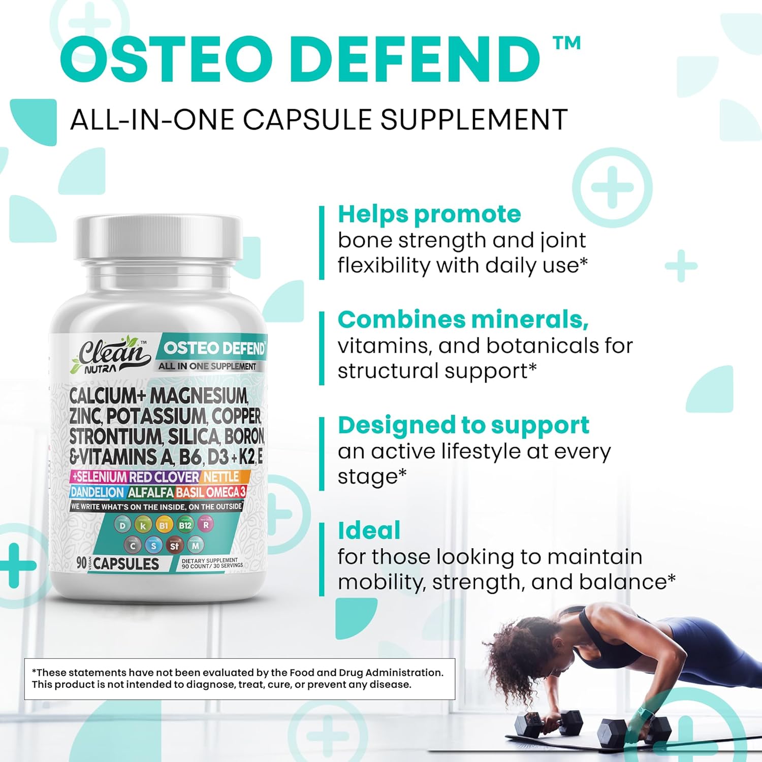 Clean Nutraceuticals Calcium Magnesium Zinc Supplement with Potassium, Copper, Strontium, Silica, Vitamin D3 K2, Boron, Vitamin B1 B12 Red Clover Herb Alfalfa Basil Pills for Men & Women Osteo Defend