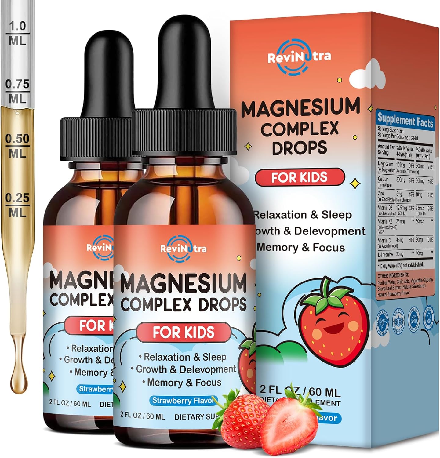 Magnesium for Kids, Kids Magnesium Glycinate Liquid Drops with Calcium, Zinc, L-Theanine, Vitamin D3 K2, C for Sleep, Relaxation, Calm, Focus, Brain,Mood, Bones & Muscles - Strawberry Flavor 2 Pack