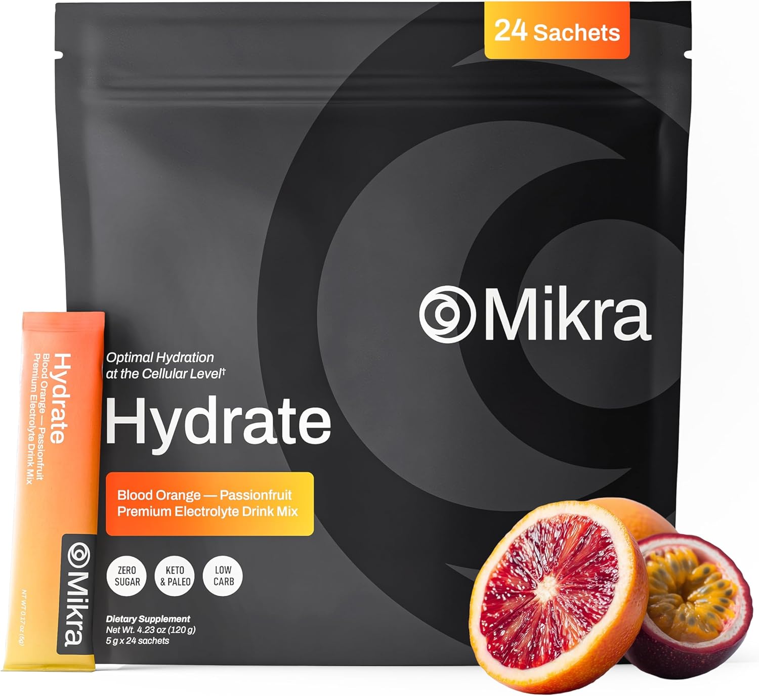 Mikra Hydrate Electrolytes Powder Packets, Sugar Free Hydration Powder Sticks, Electrolyte Drink Mix for Needed Hydration Support, Daily Wellness and Workout, Blood Orange Passionfruit, 24 Pack