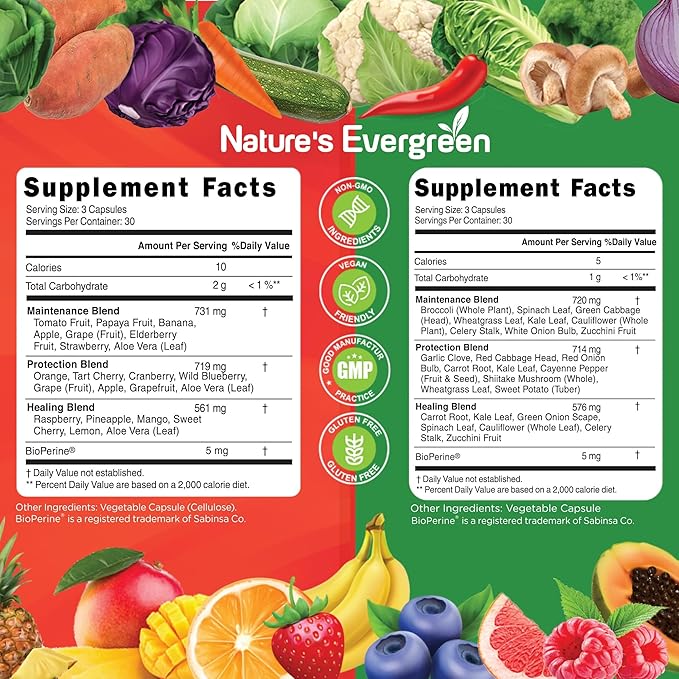 Fruits and Veggies Supplement - Nature Fruits and Vegetables Supplements - Vegan, Non GMO, Soy Free, Superfood Vitamins & Minerals Nutritional Balance - (Total 180 Capsules - Pack of 2) Made in USA