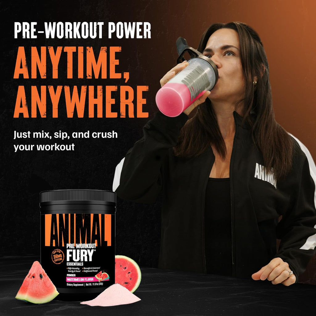 Animal Fury Pre Workout Powder - Watermelon, 350mg Caffeine, BCAA Amino Acids, 2g Beta Alanine, Citrulline & Tyrosine, Energy, Focus, Strength, Endurance, Preworkout for Men & Women, 20 Servings