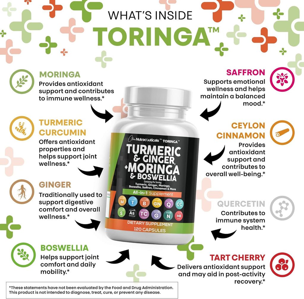 Clean Nutraceuticals Turmeric Moringa Supplement | Ginger Boswellia Saffron - Supplement for Women and Men with Ceylon Cinnamon, Tart Cherry, Quercetin Garlic Nettle Holy Basil - 1Pack