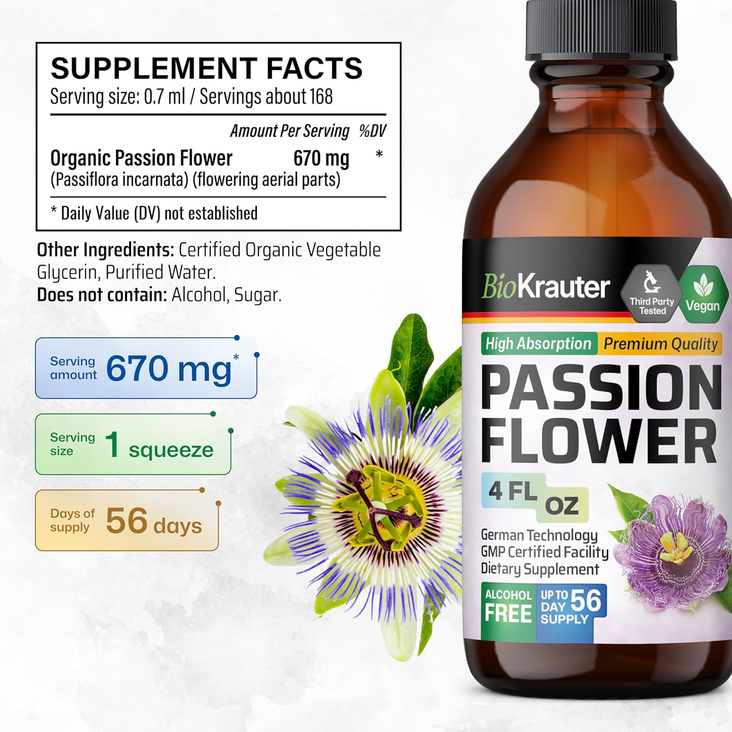 BIO KRAUTER Passionflower Tincture - Vegan Passion Flower Extract for Mood Support - Alcohol and Sugar Free - 4 Fl.Oz.