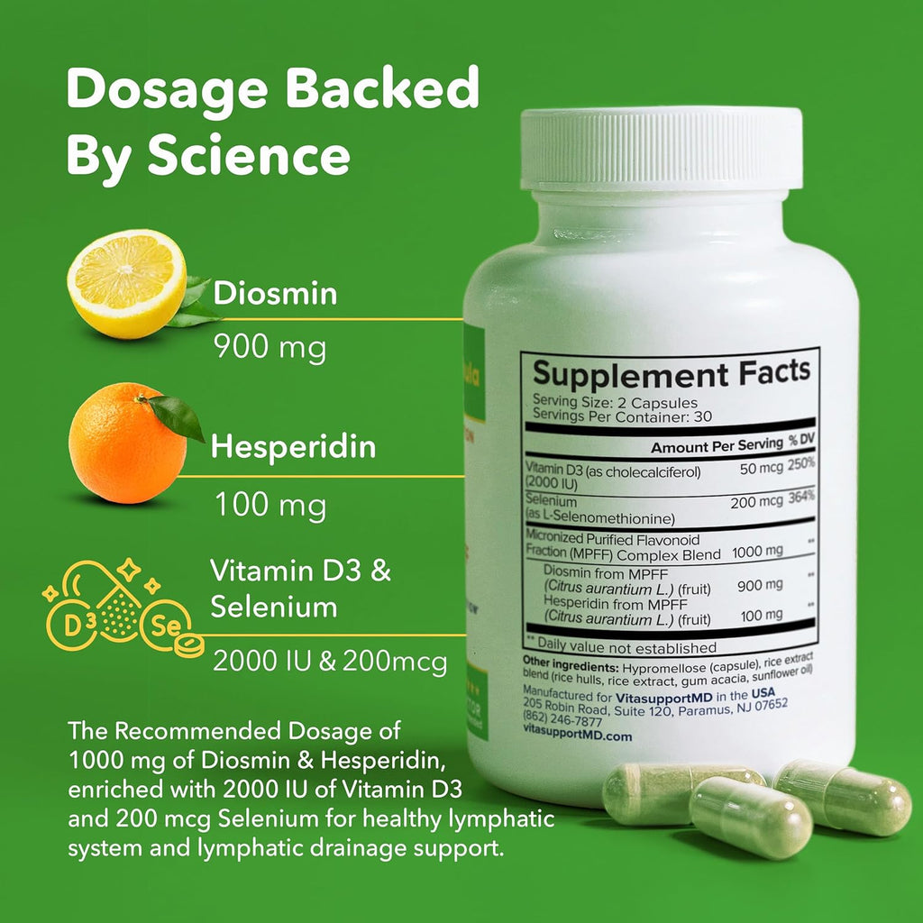 Lymphatic Formula, Diosmin Hesperidin 1000 mg, MPFF Lymphatic Support, Lymph System Support, Vitamin D3 and Selenium Supplement, 60 Capsules