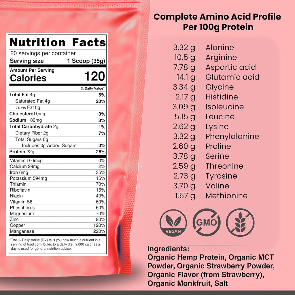 Organic Hemp Protein, Vegan Protein Powder, Clean Plant Based Protein Powder, Non Dairy Protein, Lactose Free Natural Protein, Gluten Free- 1 Servings, Strawberry