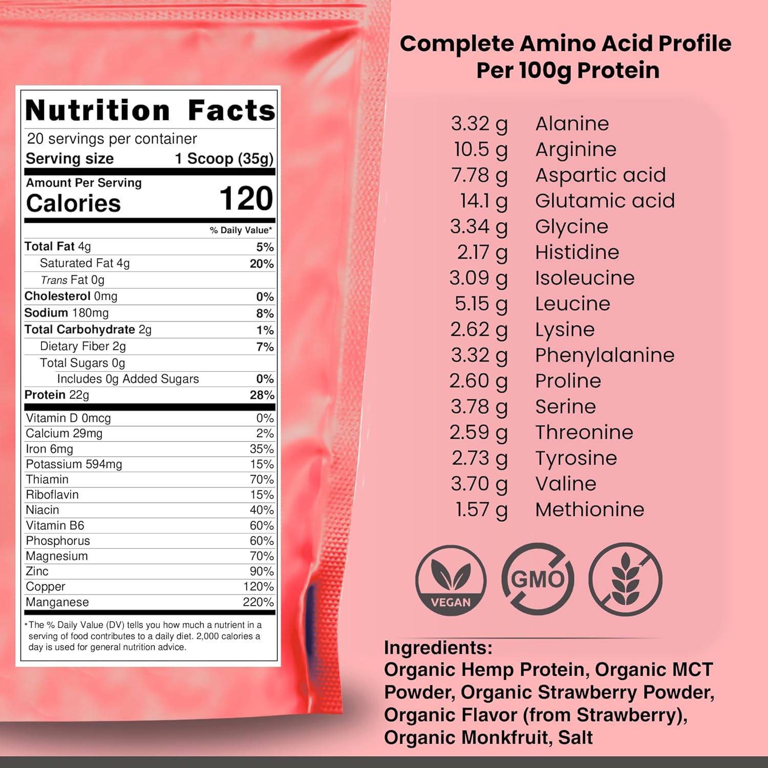 Organic Hemp Protein, Vegan Protein Powder, Clean Plant Based Protein Powder, Non Dairy Protein, Lactose Free Natural Protein, Gluten Free- 1 Servings, Strawberry