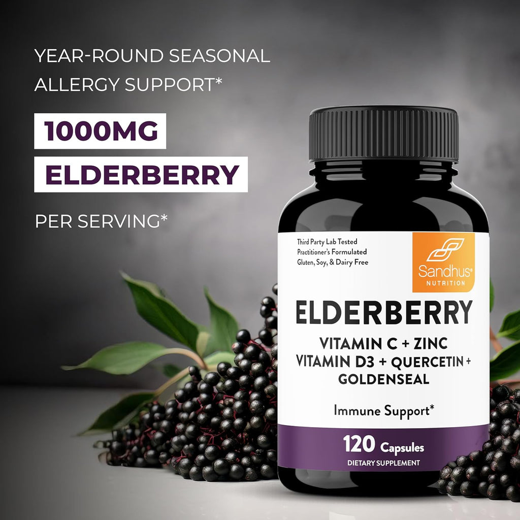 Sandhu's Elderberry Vitamin C Vitamin D3 Goldenseal with Zinc & Quercetin | Capsules for Men & Women | Supports Immune Health | 120 Count (Pack of 1)