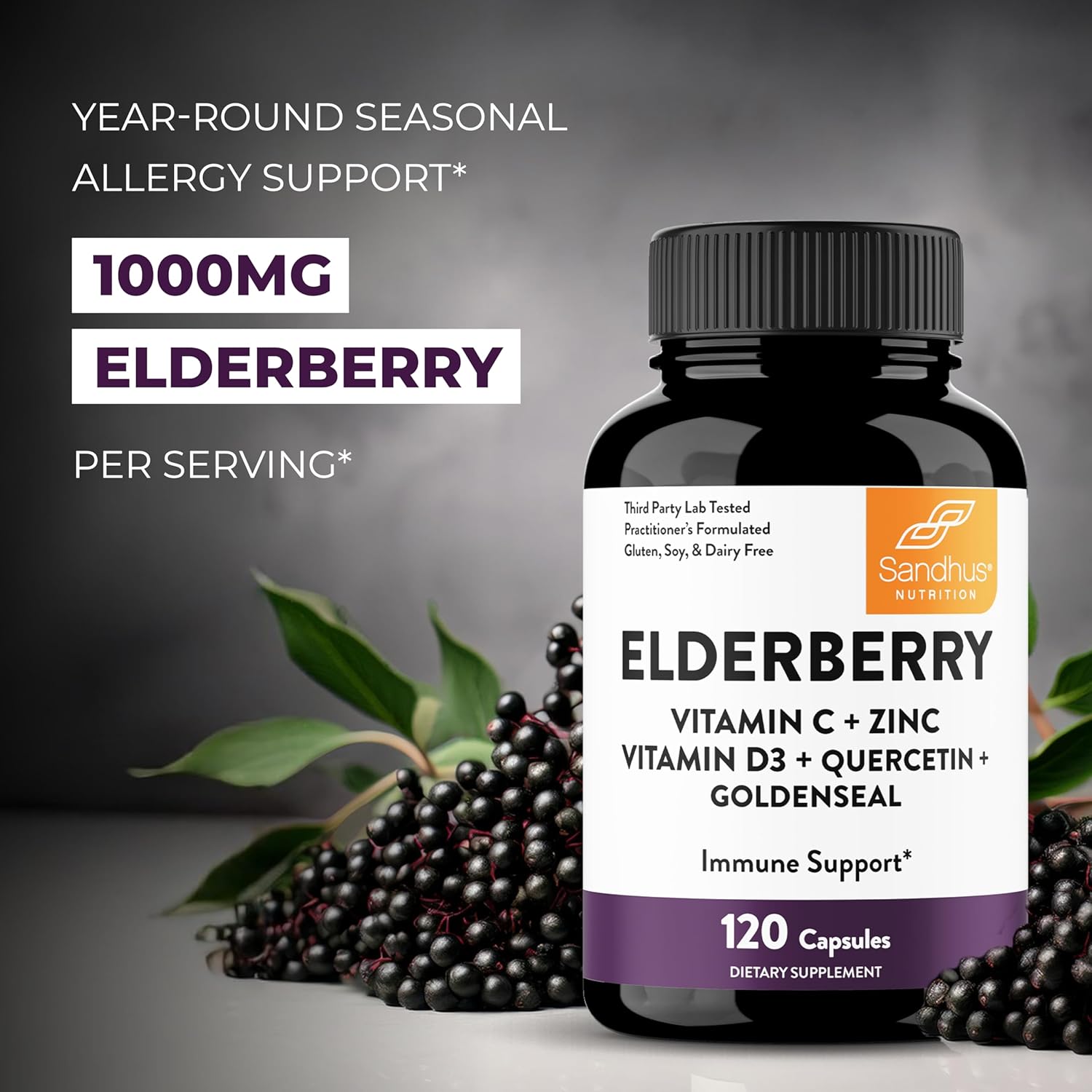Sandhu's Elderberry Vitamin C Vitamin D3 Goldenseal with Zinc & Quercetin | Capsules for Men & Women | Supports Immune Health | 120 Count (Pack of 1)