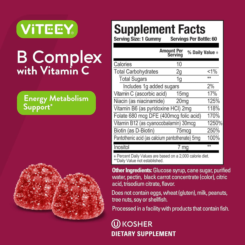 Viteey Vitamin B Complex Gummies with Vitamin C - Energy, Metabolism & Immune Support - B6, B12, Niacin, Folic Acid, Biotin, Calcium - Vegan, Gluten-Free - 120 Count