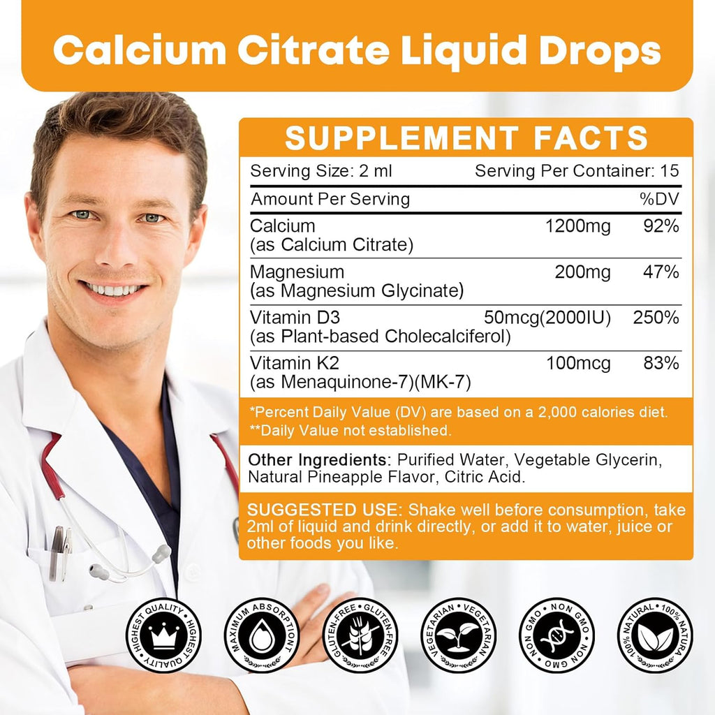Calcium Citrate Supplement – Calcium Citrate 1200mg with Vitamin D3 Drops | Highly Absorbable | Non-GMO, Gluten-Free | Bones, Teeth & Muscle Support - 1 Fl Oz (2 Pack)