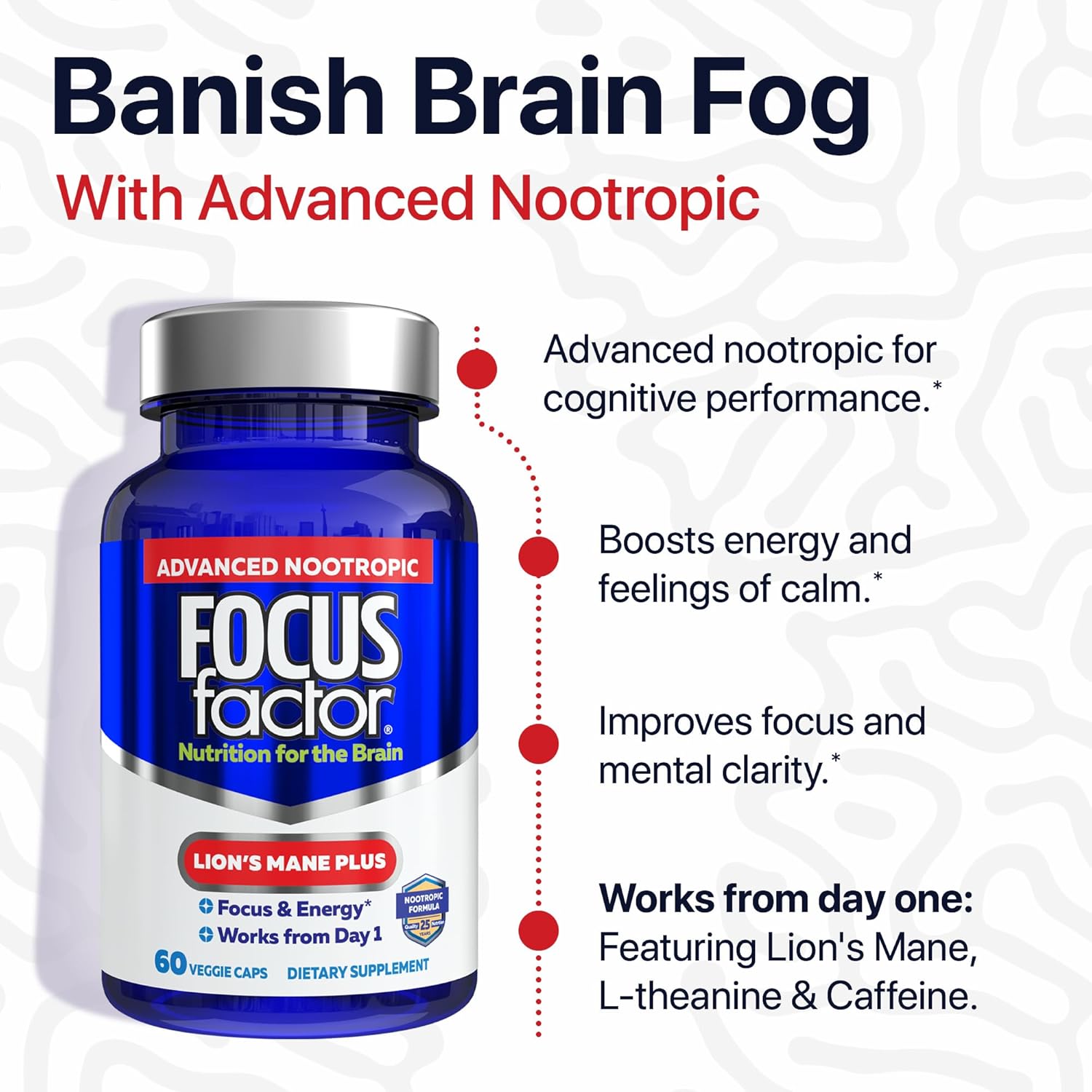 Focus Factor Lions Mane Plus, Advanced Nootropic with L-Theanine, Caffeine, Focus and Energy (60 Count)