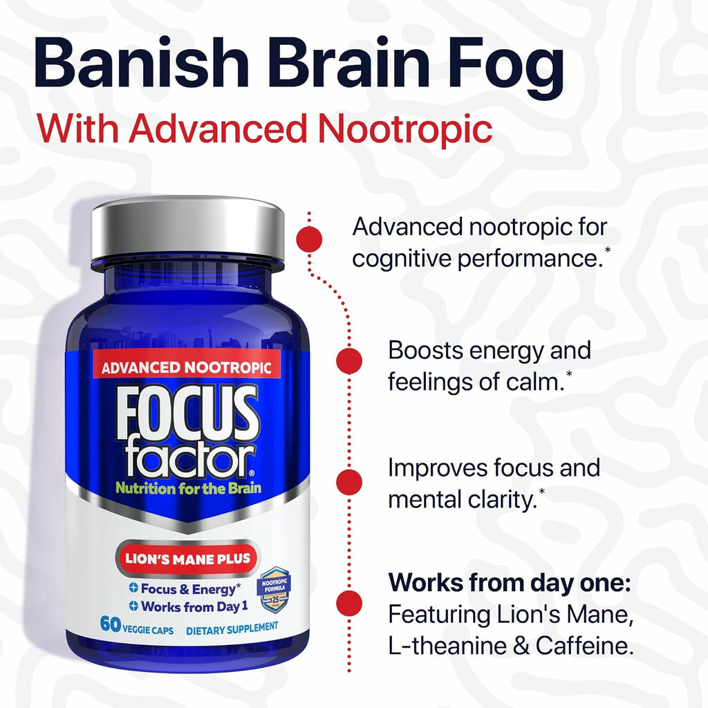 Focus Factor Lions Mane Plus, Advanced Nootropic with L-Theanine, Caffeine, Focus and Energy (60 Count) (Pack of 2)