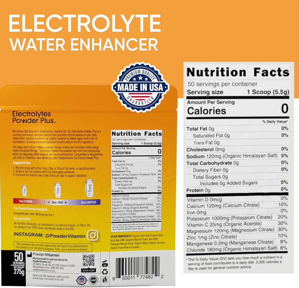 PowderVitamin Electrolytes Powder Plus (50 Servings) Tangerine Pineapple Electrolyte Powder 0 Calorie Keto, 0 Sugar, No Maltodextrin,1000mg Potassium,120mg Calcium,120mg Magnesium, Hydration Powder