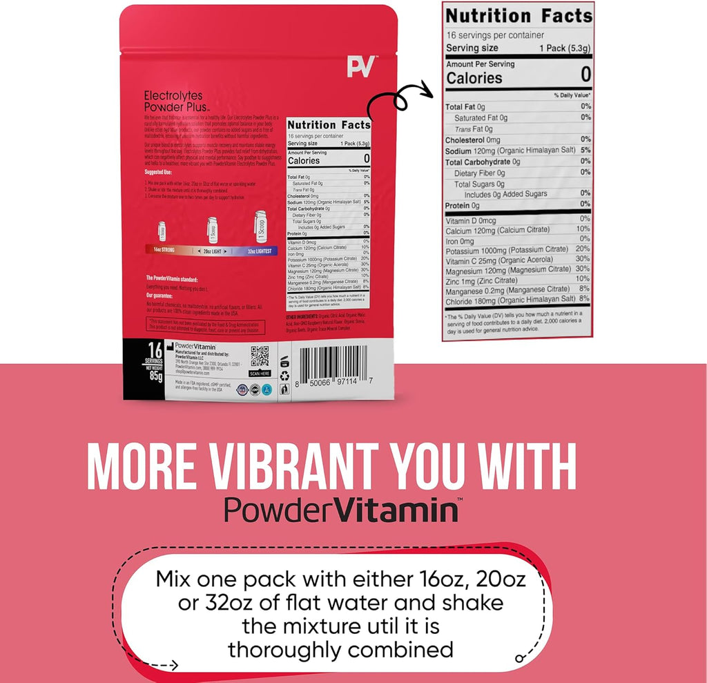 PowerVitamin Electrolytes Powder Packets - Raspberry - Keto Electrolytes for Energy - Hydration Powder with 1000mg Potassium, 120mg Magnesium, Zero Calories - 16 Hydration Packets