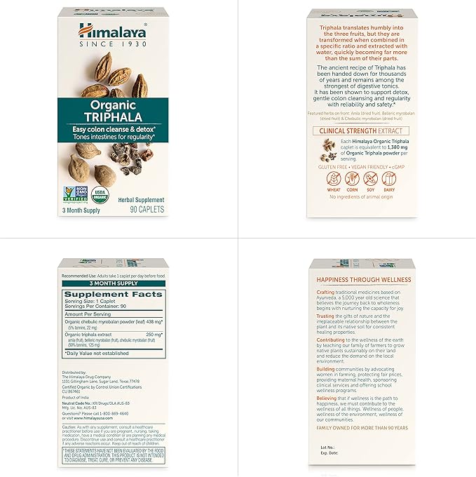 Himalaya Organic Triphala, 90 Day Supply - Digestive Health Supplement for Colon Cleanse & Occasional Bloating and Constipation Relief - USDA Organic, Vegan, Non-GMO, Gluten Free, 688 mg, 90 Caplets