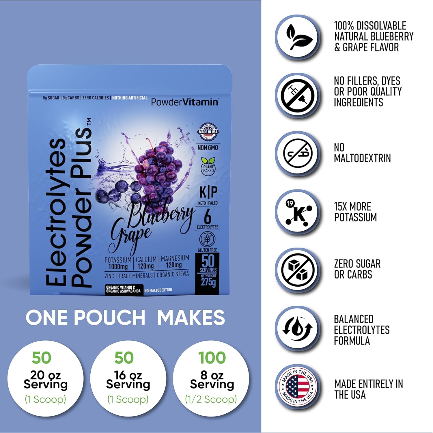 Electrolytes Powder Plus (50 Servings), 0 Calorie Keto, 0 Sugar, No Maltodextrin,1000mg Potassium,120mg Calcium,120mg Magnesium, Hydration Powder (50 Servings, Blueberry Grape)