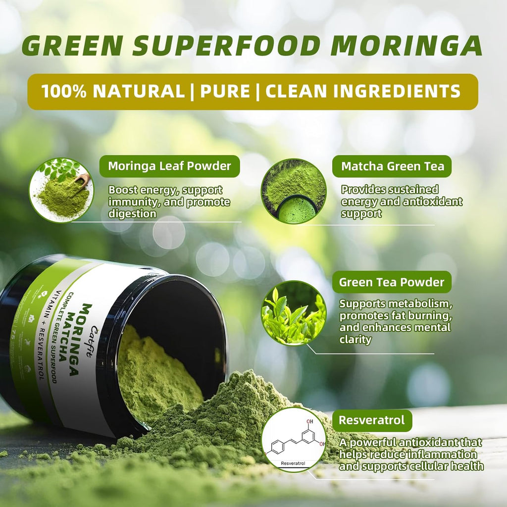 Moringa Powder with Matcha, Green Tea and Resveratrol, 4-in-1 Superfood for Energy, Immune, Digestion and Antioxidant Support, Vegan, Gluten-Free, 8oz