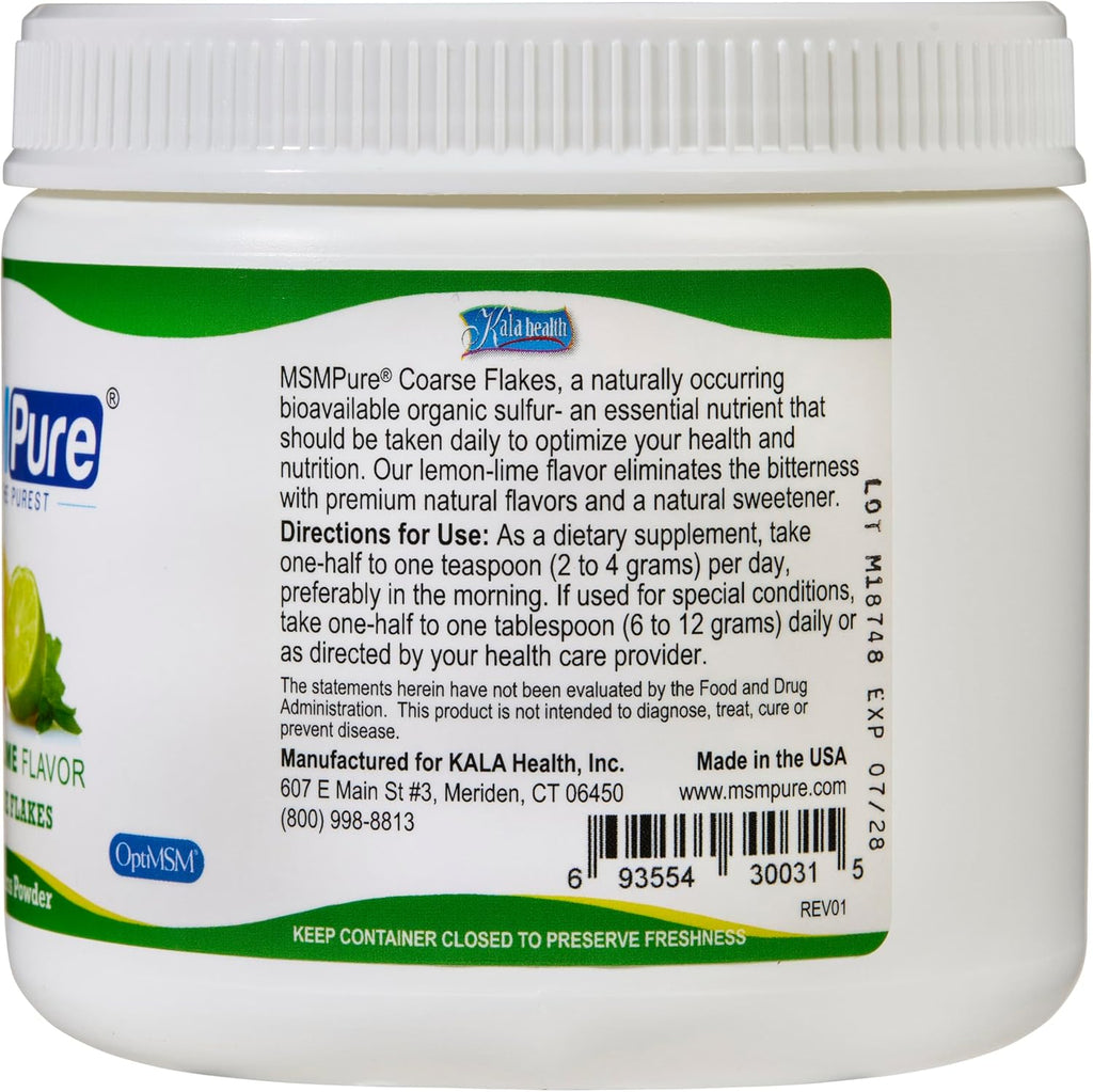 KALA HEALTH MSMPure Lemon Lime Flavored Coarse MSM Powder Flakes – Organic Sulfur for Joint Flexibility, Skin Appearance, and Hair & Nail Support – 8.8 oz, USA Made, Distilled Crystals