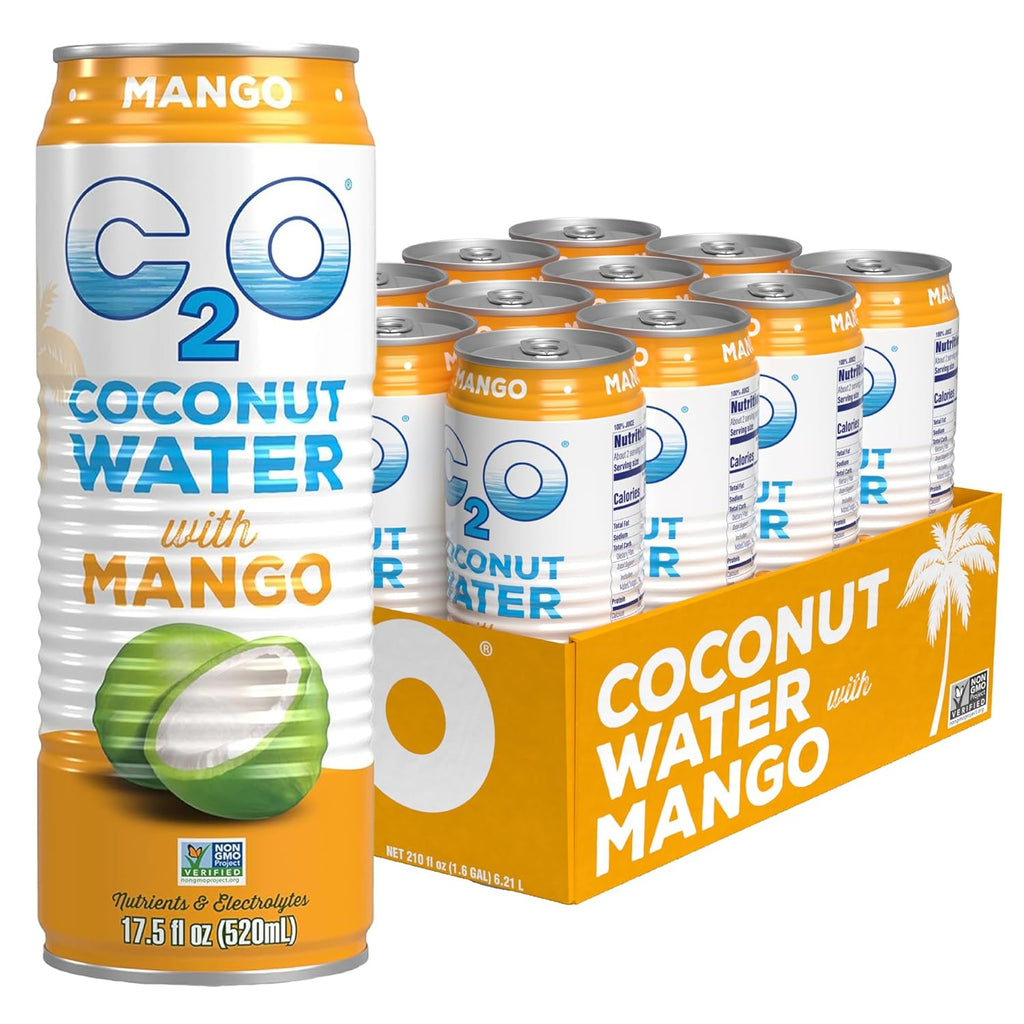 C2O - Coconut Water with Mango (12 Pack) - Made with Fresh Coconut Water - Plant Based - Non GMO - Canned Water - Natural Hydration, Essential Electrolytes, & Potassium - 12 Cans, 17.5 FL OZ