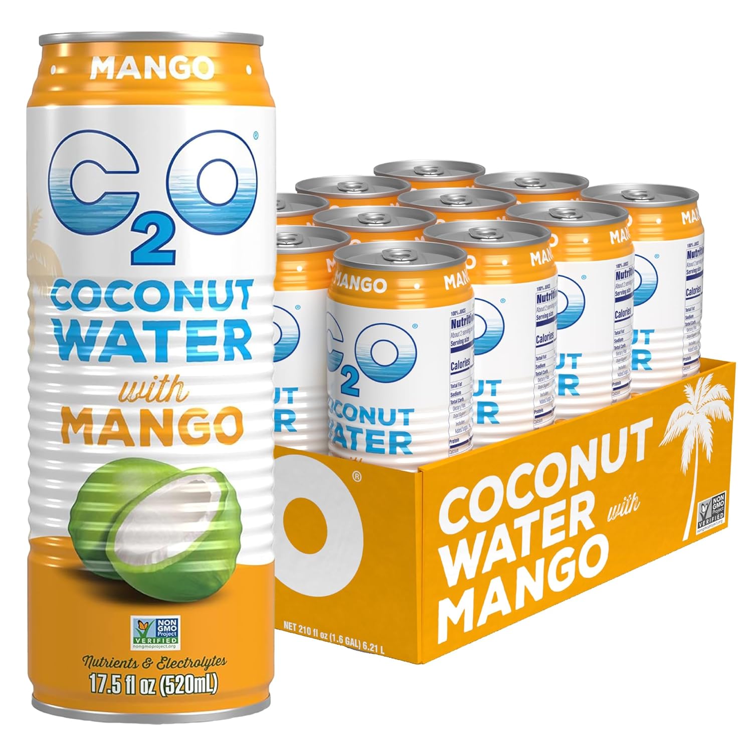 C2O - Coconut Water with Mango (12 Pack) - Made with Fresh Coconut Water - Plant Based - Non GMO - Canned Water - Natural Hydration, Essential Electrolytes, & Potassium - 12 Cans, 17.5 FL OZ