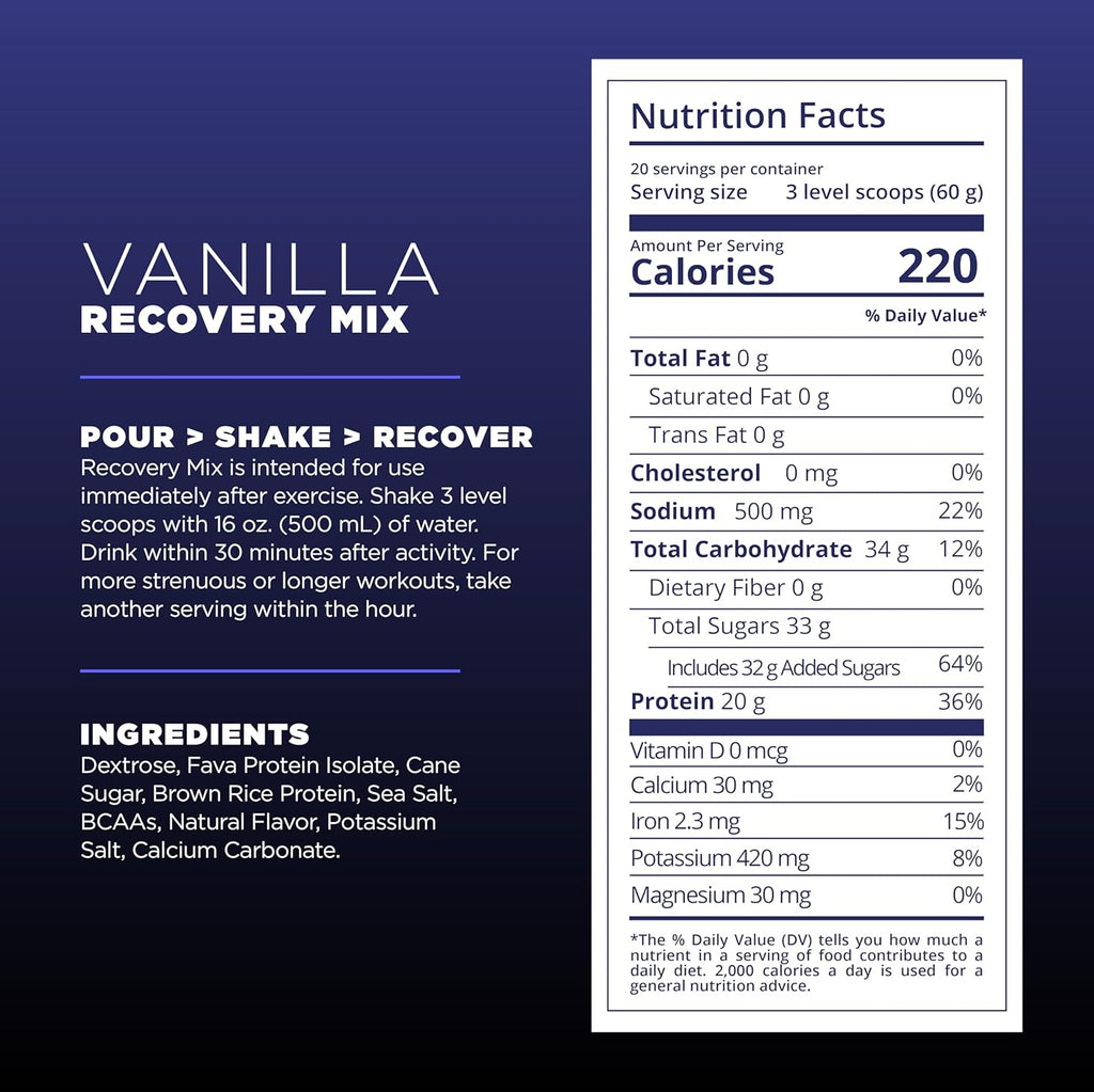 Tailwind Nutrition Recovery Mix, 20 Grams Complete Protein, Carbohydrates, and Electrolytes Powder Drink Mix for Post-Workout, Free of Gluten, Soy, and Dairy, Vegan, 20 Servings, Vanilla