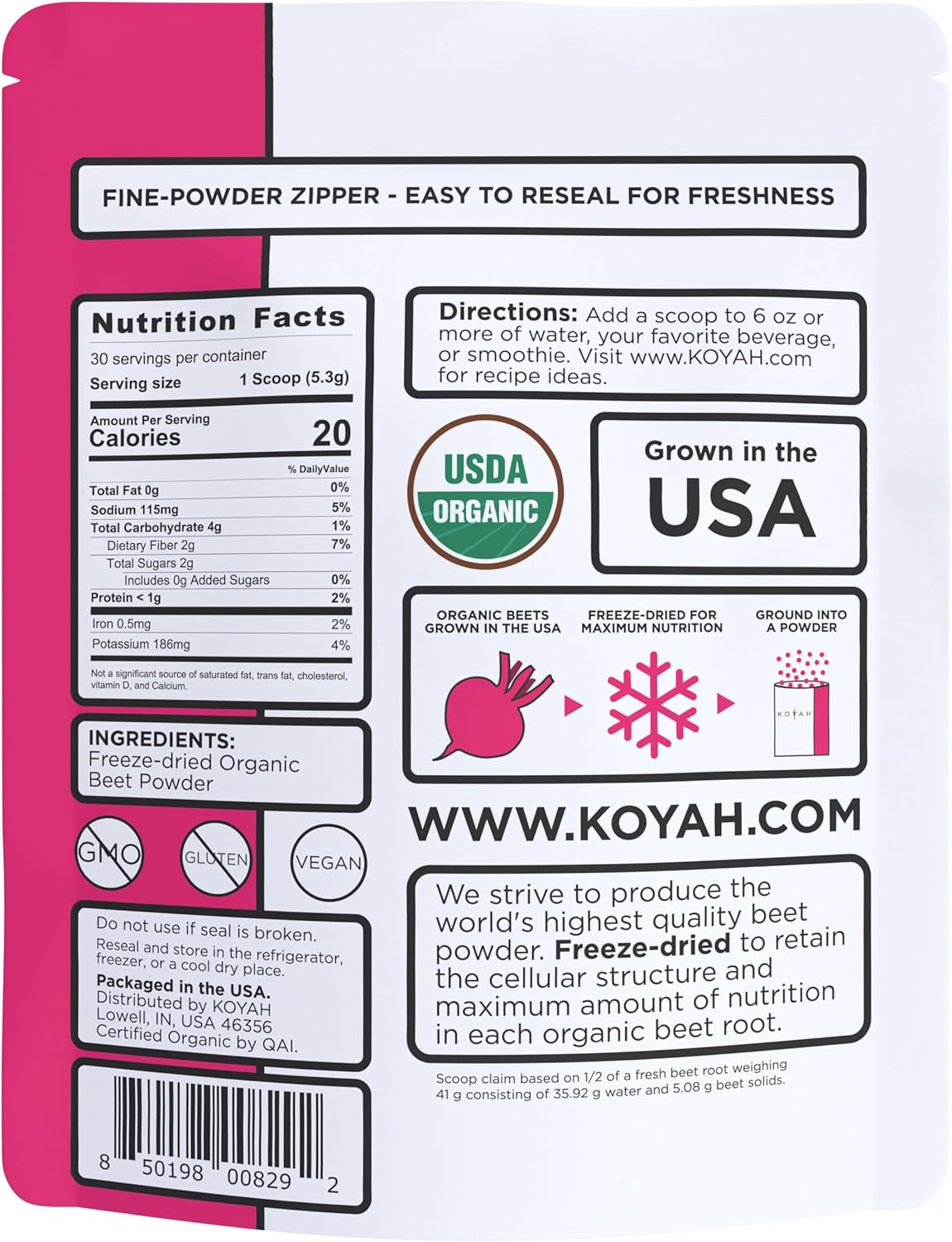 KOYAH - Organic Beet Powder (1 Scoop = 1/2 Beet): 30 Servings, Freeze-Dried Beetroot, Whole-Root Powder, Non-GMO, Vegan, Allergen-Free. Add to Water, Juice or Smoothies.