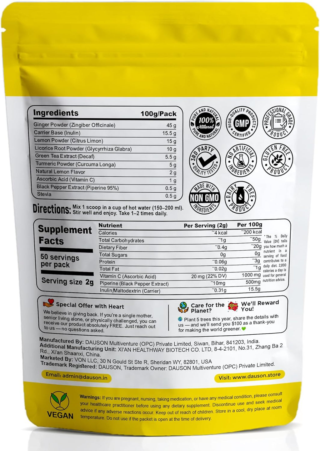 Ginger Turmeric Herbal Tea Mix – 50 Servings - Refreshing Blend of Lemon, Licorice, Decaf Green Tea, Vitamin C – Caffeine-Free, Vegan, Gut-Friendly Detox Tea - Powder