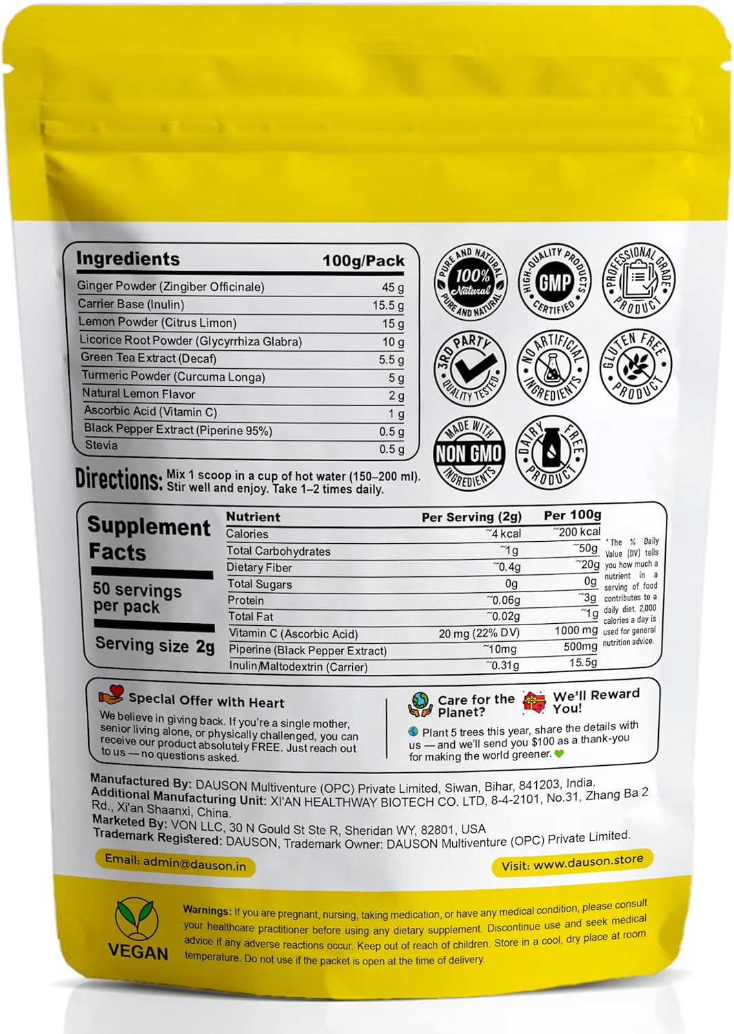 Ginger Turmeric Herbal Tea Mix – 50 Servings - Refreshing Blend of Lemon, Licorice, Decaf Green Tea, Vitamin C – Caffeine-Free, Vegan, Gut-Friendly Detox Tea - Powder