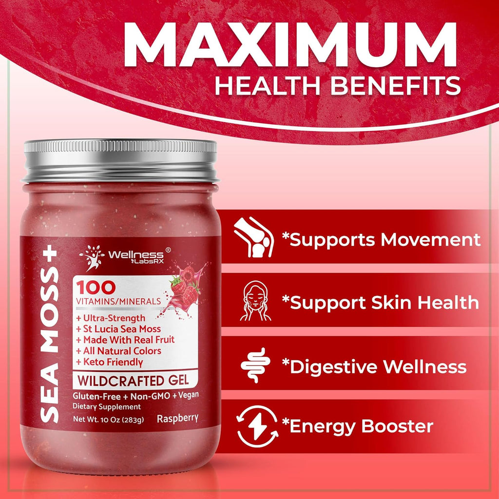 Irish Sea Moss Gel Raw - Wildcrafted Superfood Seamoss Gel - Raspberry Flavor, Vitamin and Mineral-Rich from Pristine Caribbean Waters, Immune and Digestive Health Support - 10 oz.