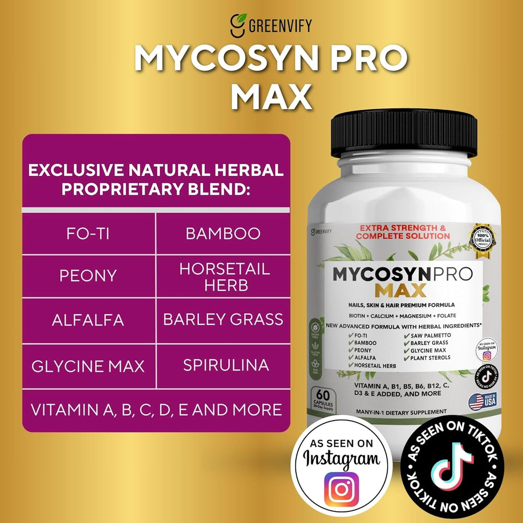 Mycosyn Pro Max Hair Skin Nails Supplement, 60 Capsules, 30 Day Supply, with Biotin 5000mcg, Vitamins A B C D E, Minerals (2)