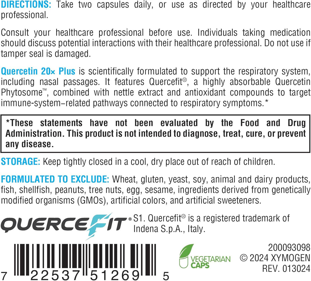 XYMOGEN Quercetin 20× Plus - Quercetin Supplements - Daily Complex with Vitamin C, N-Acetyl-L-Cysteine & Nettles - Formulated for Respiratory Support - Vegan & Gluten-Free (60 Capsules)