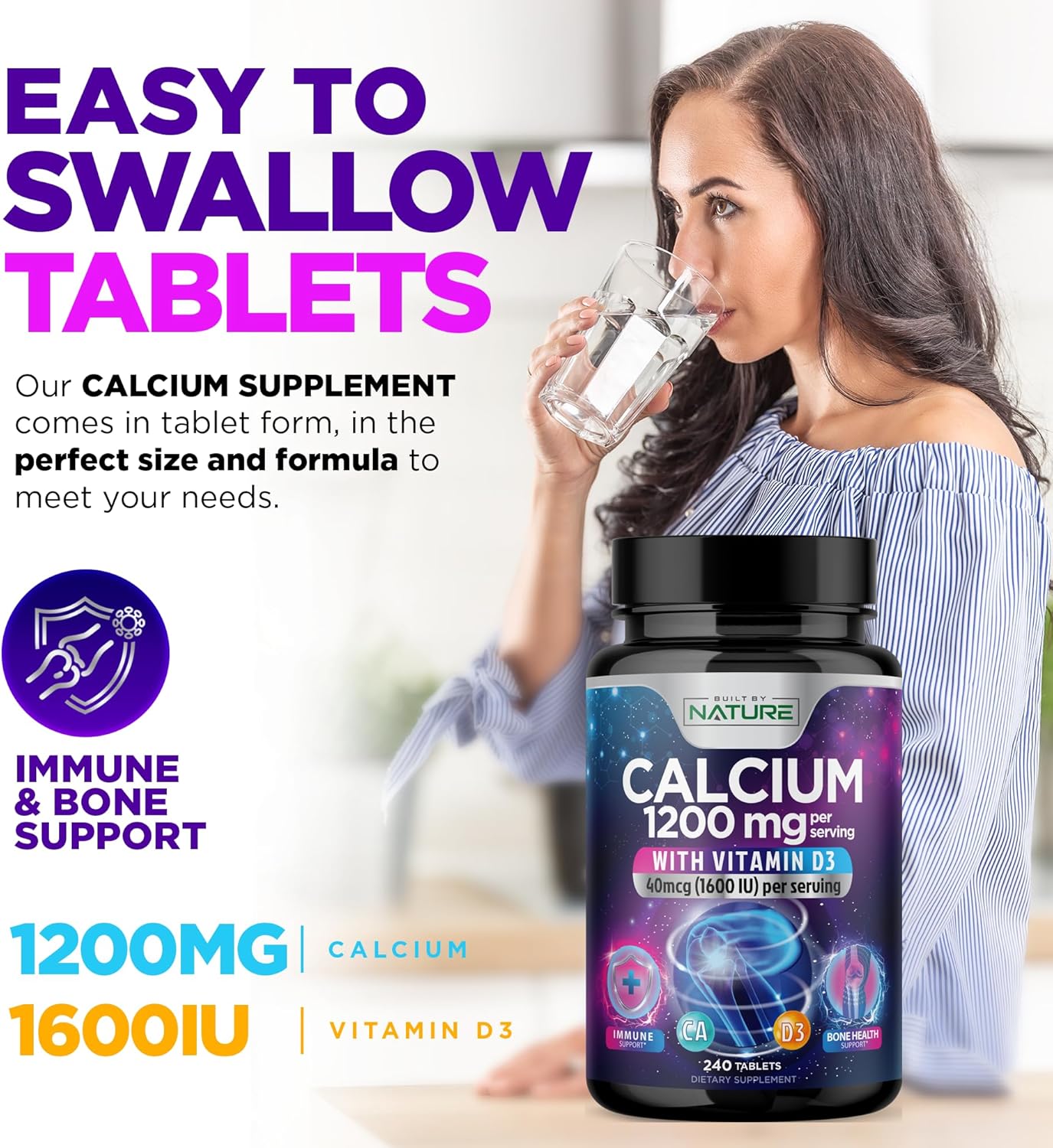 Calcium 1200mg with Vitamin D3 for Best Absorption - Advanced Bone Support Supplement, 1200 mg Calcium Carbonate & 1600 IU Vitamin D3, Slow Release for Immune Support, Easy to Swallow, 240 Tablets
