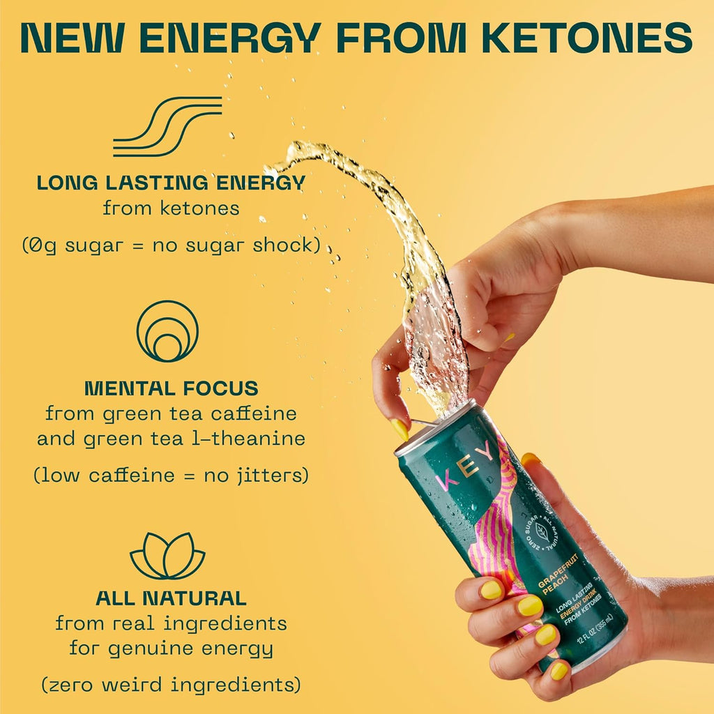KEY Ketone Energy Drink - Sugar Free and All Natural from Ketones for Long Lasting Energy and optimal Green Tea Caffeine and L-Theanine for Mental Focus to Perform, Variety Pack (Pack of 12)