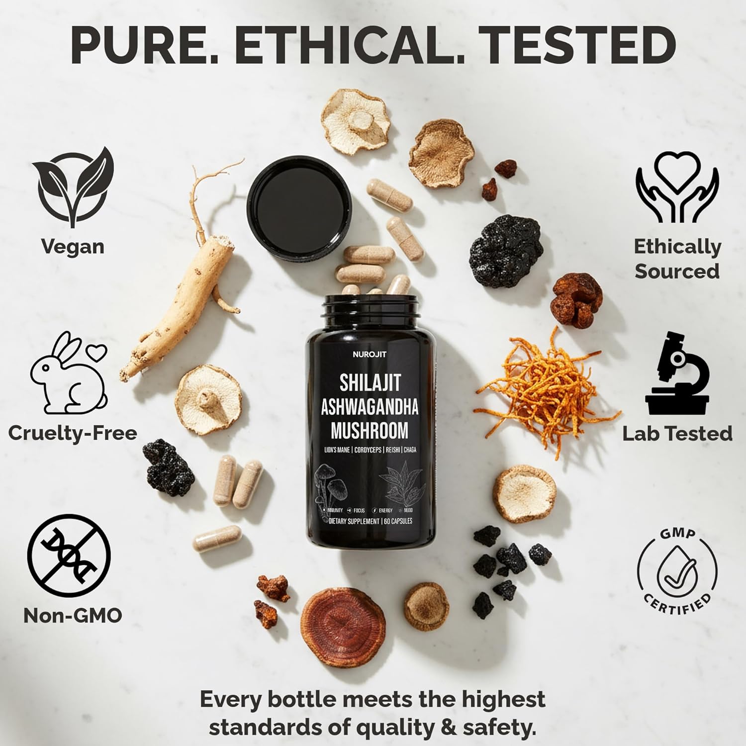 Shilajit Ashwagandha Mushroom Capsules, Herbal Blend with Lion’s Mane, Cordyceps, Reishi & Chaga, Vegan, Lab Tested, Non-GMO Supplement for Focus, Energy, Clarity & Daily Balance (60 Caps)
