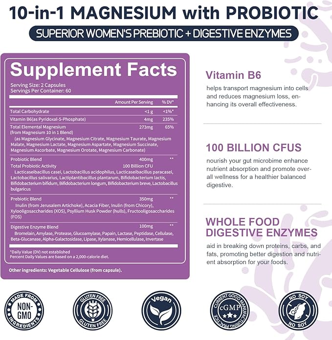 10-in-1 Magnesium Complex Supplement with Probiotics Prebiotics & Digestive Enzymes, 100 Billion CFU Probiotics for Women, Daily Probiotic for Immune, Sleep Calm, Gut & Digestive Health, Vegan Non-GMO