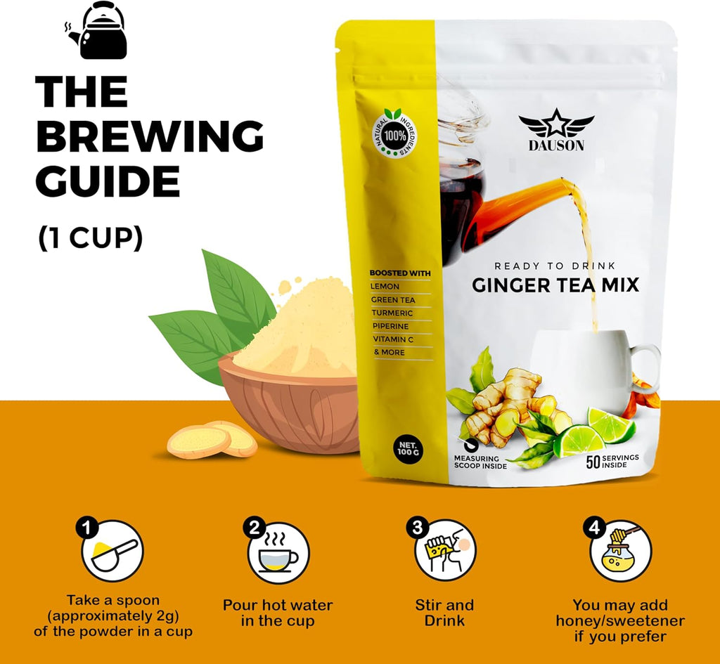 Ginger Turmeric Herbal Tea Mix – 50 Servings - Refreshing Blend of Lemon, Licorice, Decaf Green Tea, Vitamin C – Caffeine-Free, Vegan, Gut-Friendly Detox Tea - Powder