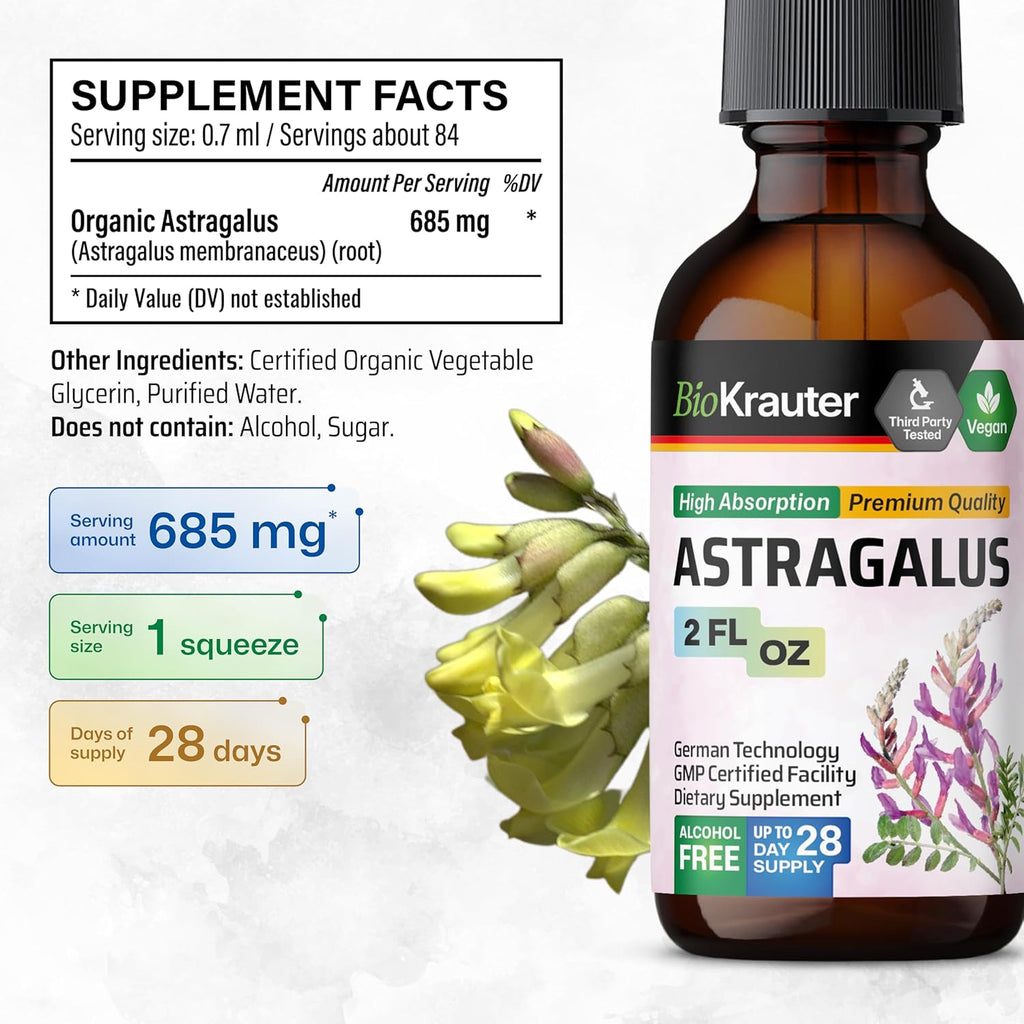 BIO KRAUTER Astragalus Tincture - Astragalus Root Liquid Extract for Immune Support - Alcohol and Sugar Free - High Absorption - Vegan Drops 2 Fl.Oz.