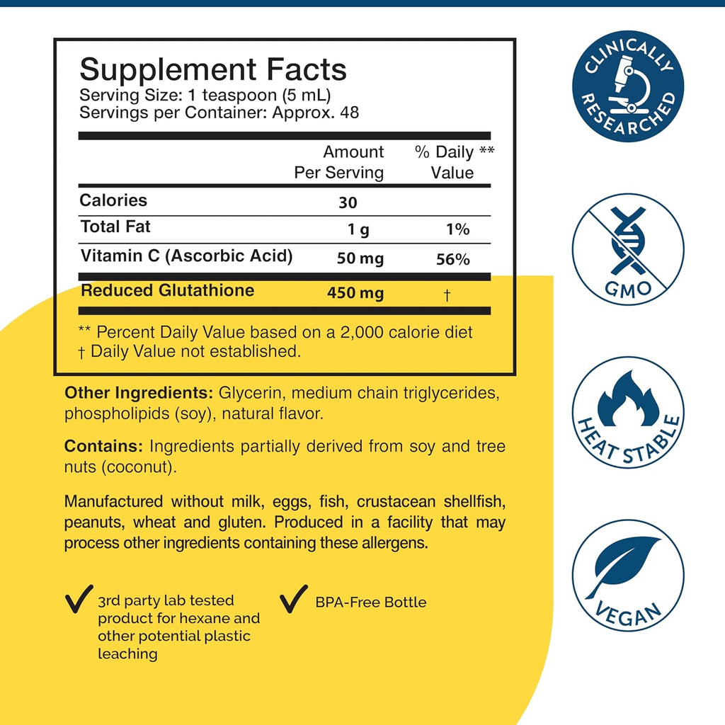 Researched Nutritionals Liposomal Glutathione (450mg) Liquid Gel + Vitamin C - Tri-Fortify - Aid Natural Energy, Immune Support & Detox - Clinically Researched for Absorption - Orange (8 Fl Oz)