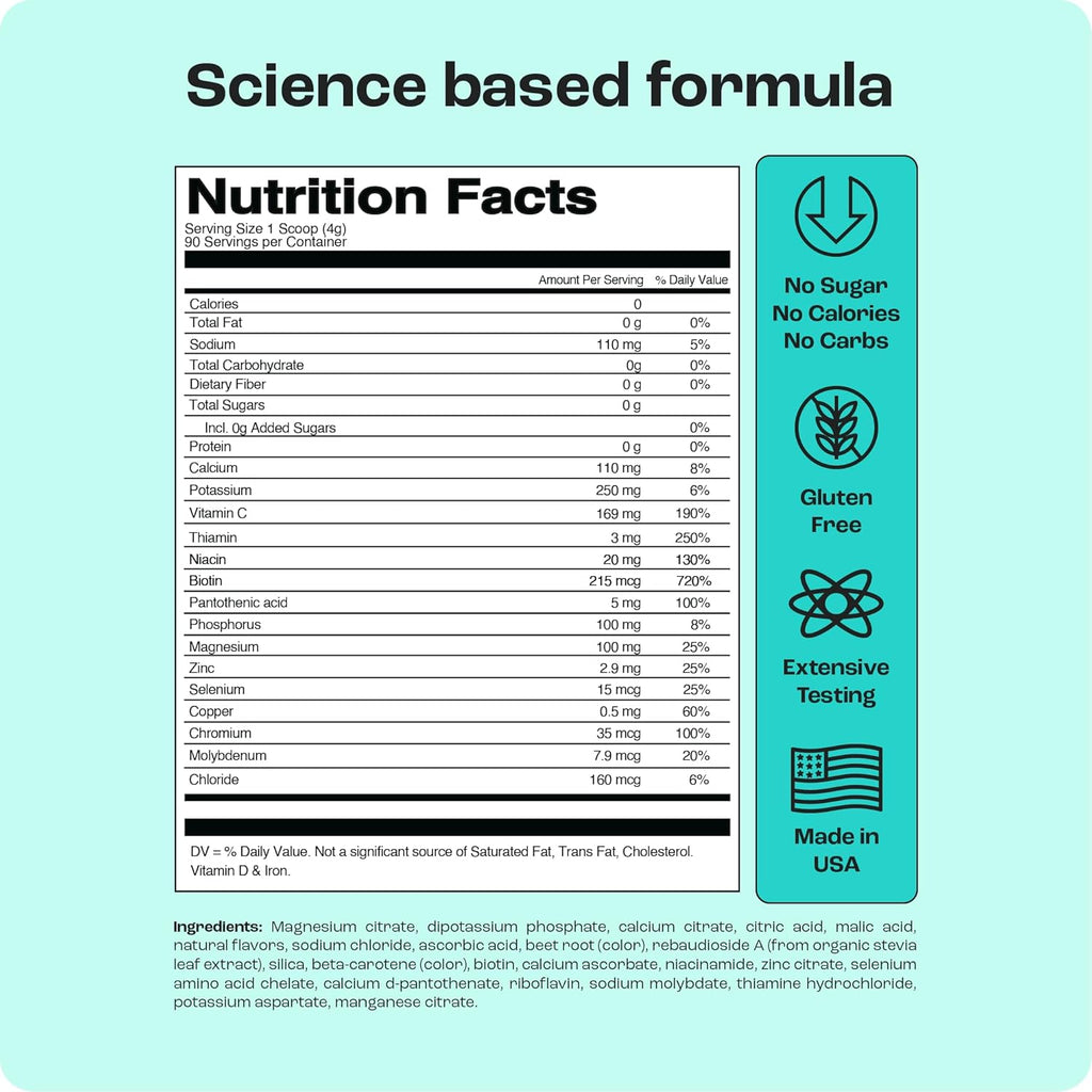 KEY NUTRIENTS Multivitamin Electrolytes Powder No Sugar - Sweet Cherry Pom Electrolyte Powder - Endurance & Energy Supplement - Hydration Powder - No Calories - 90 Servings - Made in USA